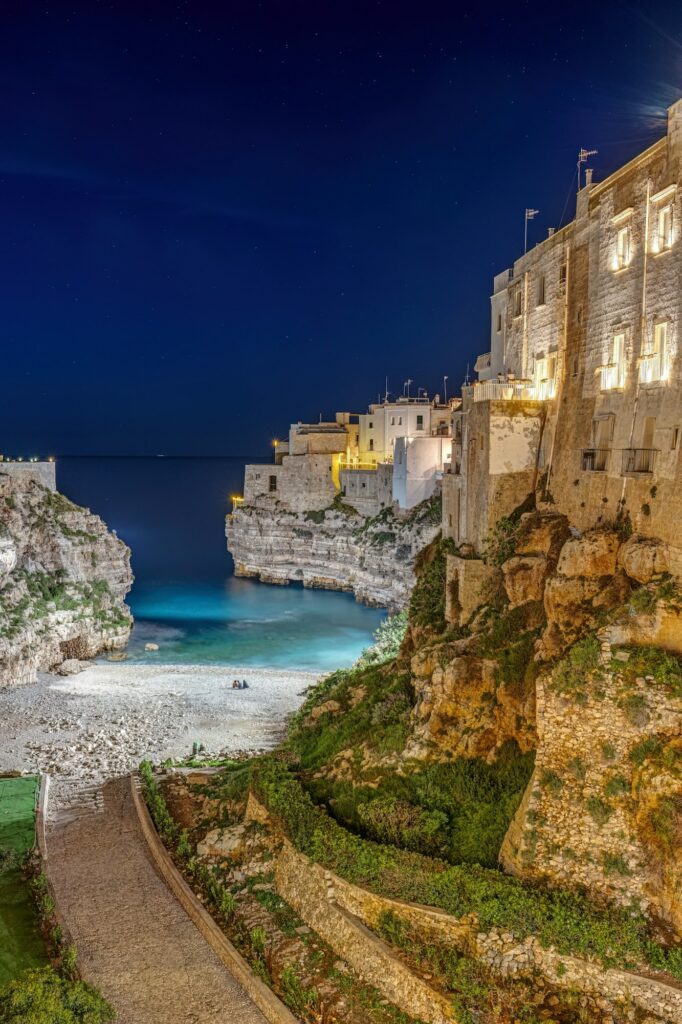The famous Lama Monachile Bay in Polignano a Mare at night